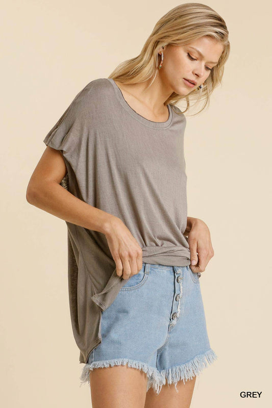 Short Sheer Dolman Sleeve Scoop Neck Top With Side Slit Blue Zone Planet
