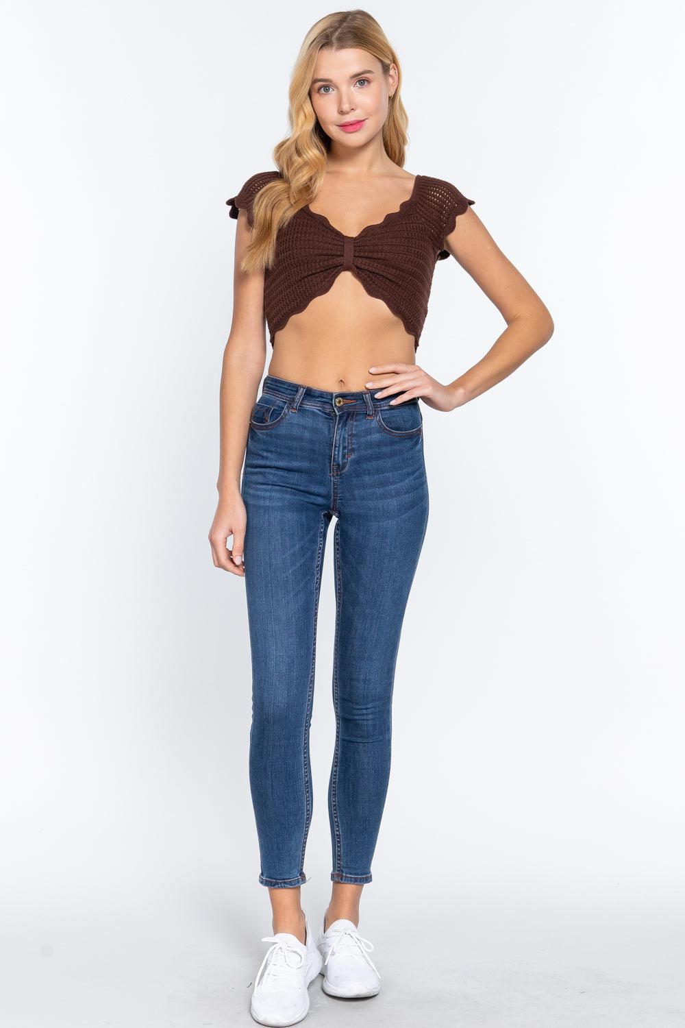 Short Sleeve V-neck Front Knot Detail Sweater Knit Crop Top Blue Zone Planet