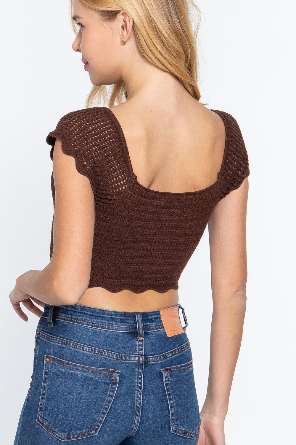 Short Sleeve V-neck Front Knot Detail Sweater Knit Crop Top Blue Zone Planet