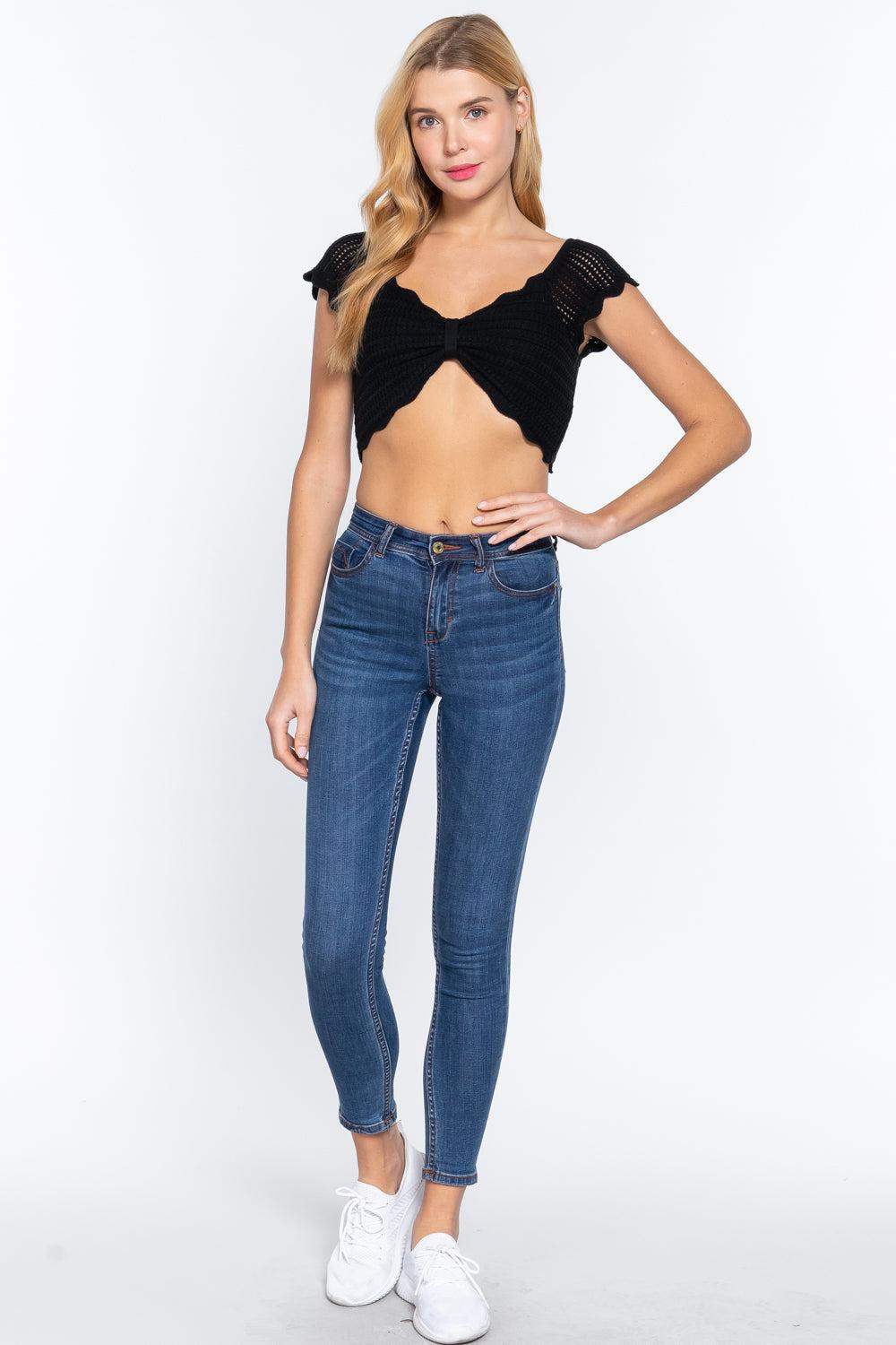 Short Sleeve V-neck Front Knot Detail Sweater Knit Crop Top Blue Zone Planet