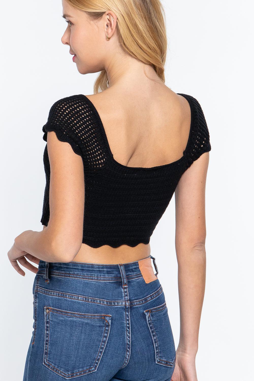 Short Sleeve V-neck Front Knot Detail Sweater Knit Crop Top Blue Zone Planet