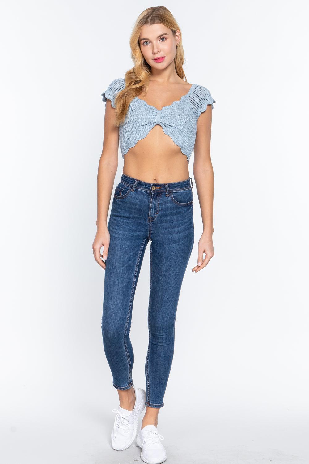 Short Sleeve V-neck Front Knot Detail Sweater Knit Crop Top Blue Zone Planet