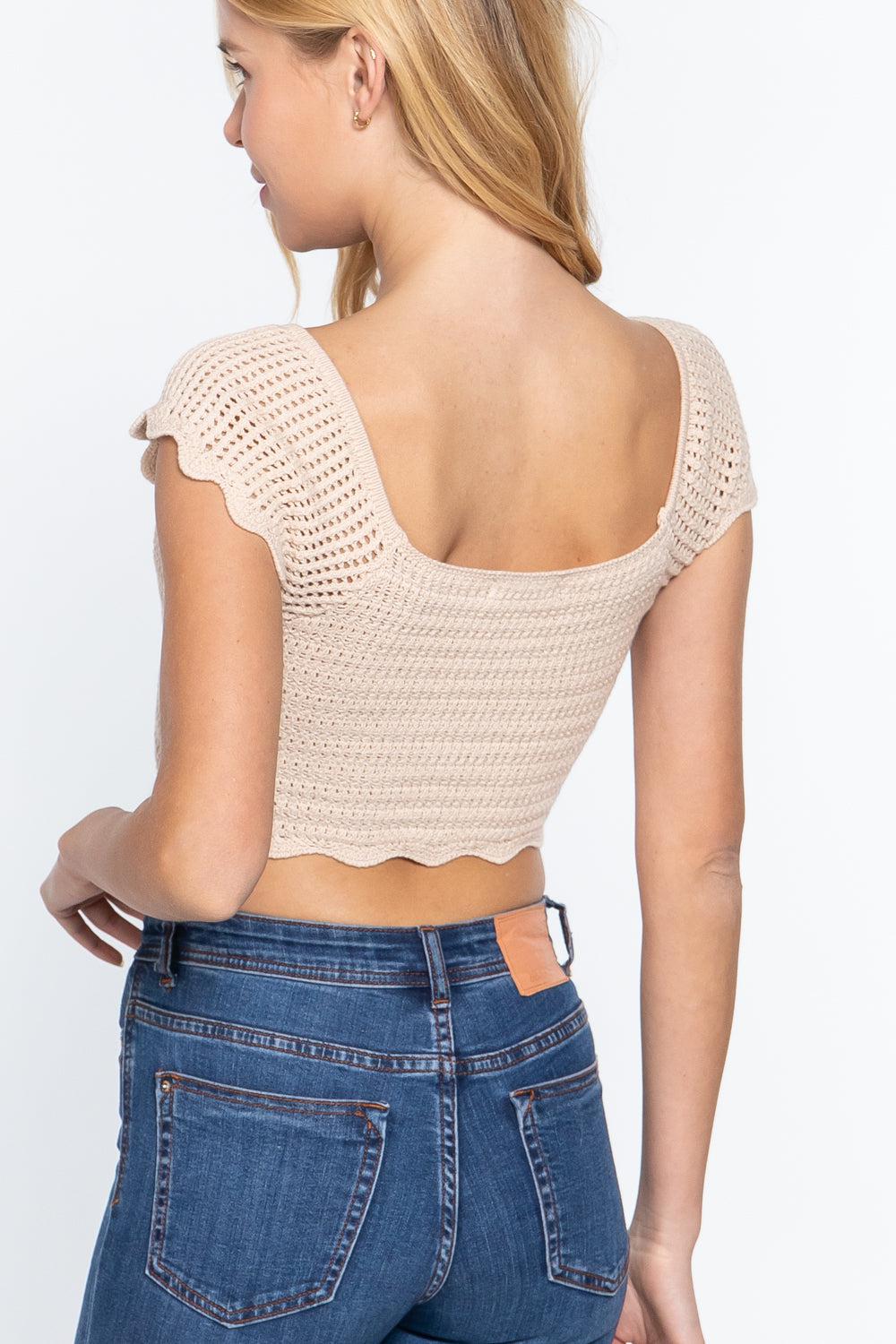Short Sleeve V-neck Front Knot Detail Sweater Knit Crop Top Blue Zone Planet