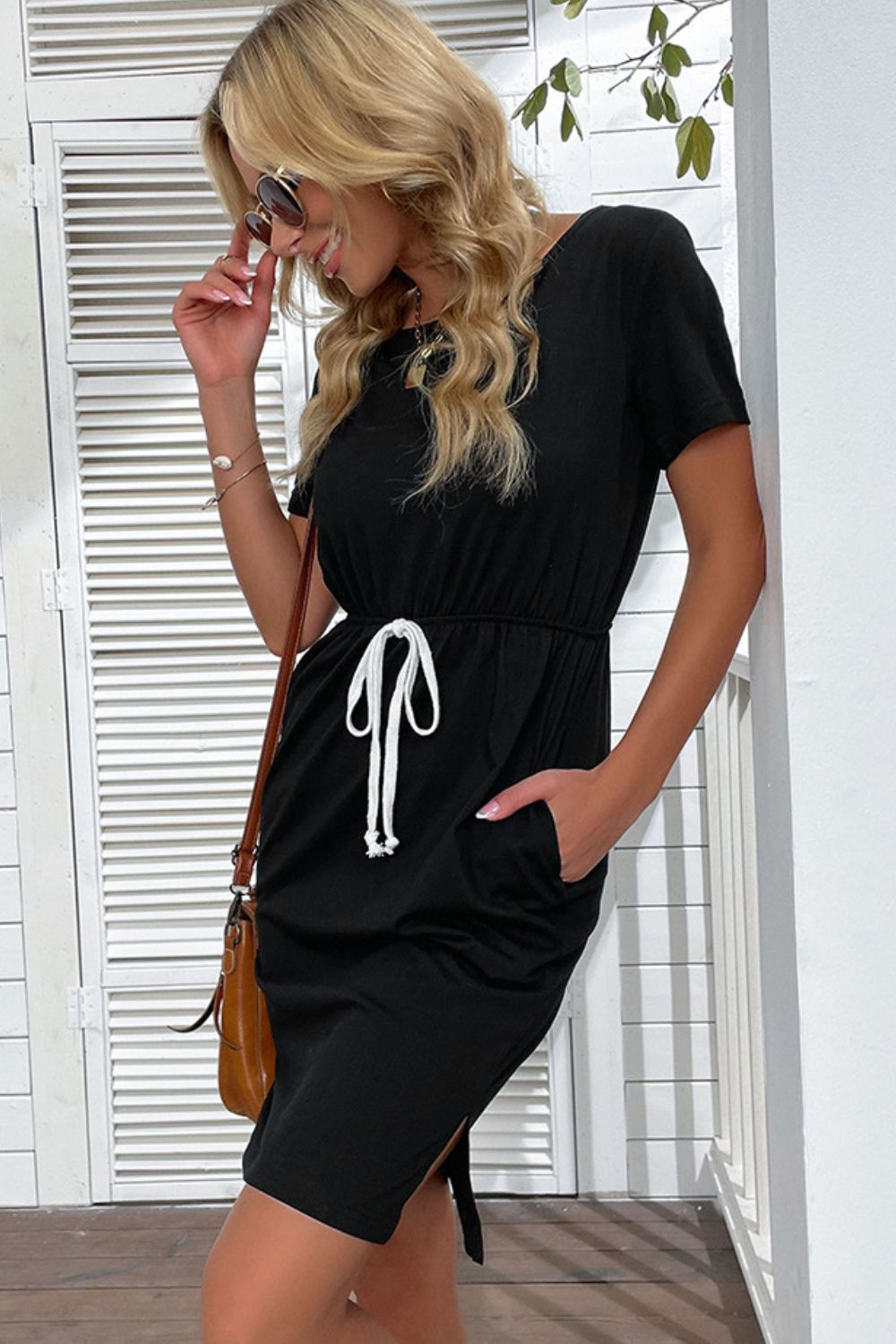 Side Slit Drawstring Round Neck Dress BLUE ZONE PLANET