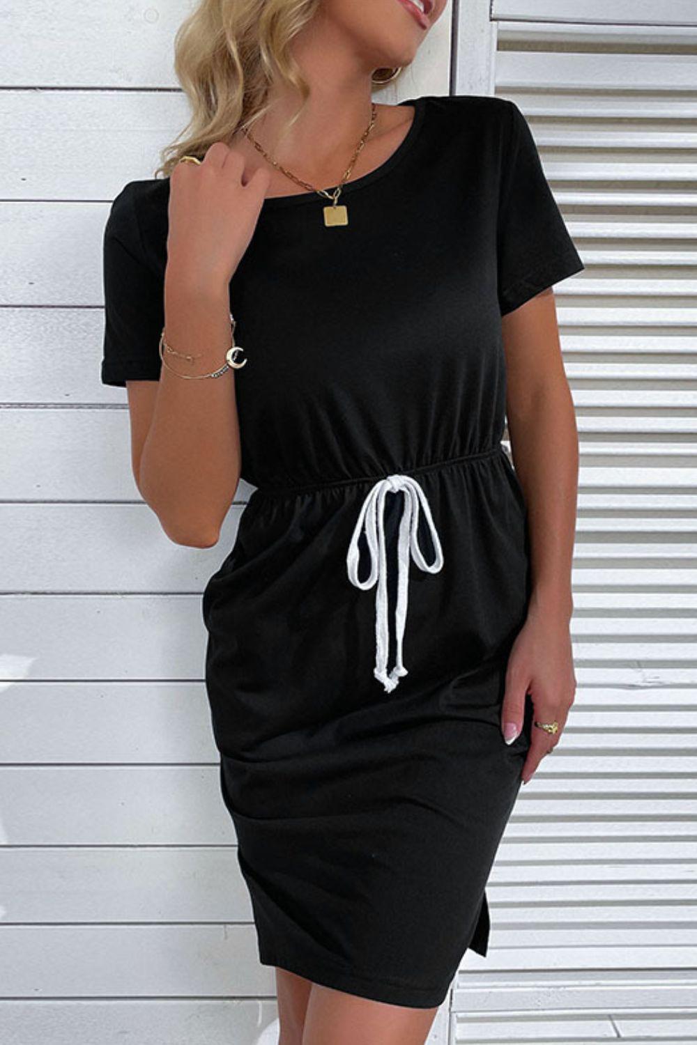 Side Slit Drawstring Round Neck Dress BLUE ZONE PLANET