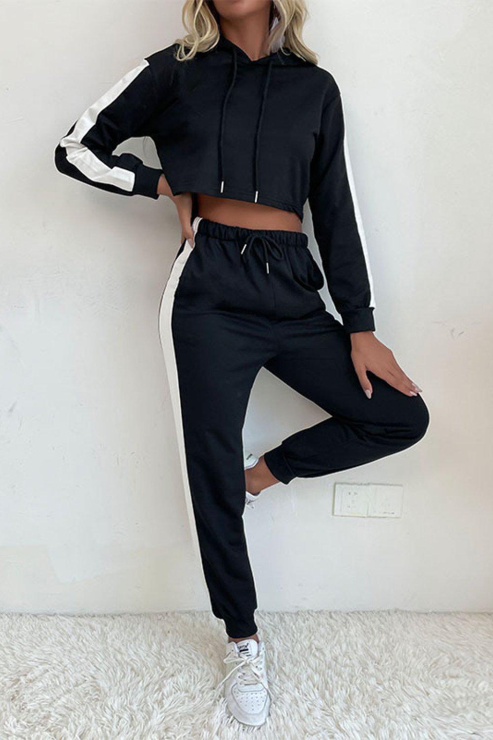 Side Stripe Cropped Hoodie and Jogger Set BLUE ZONE PLANET