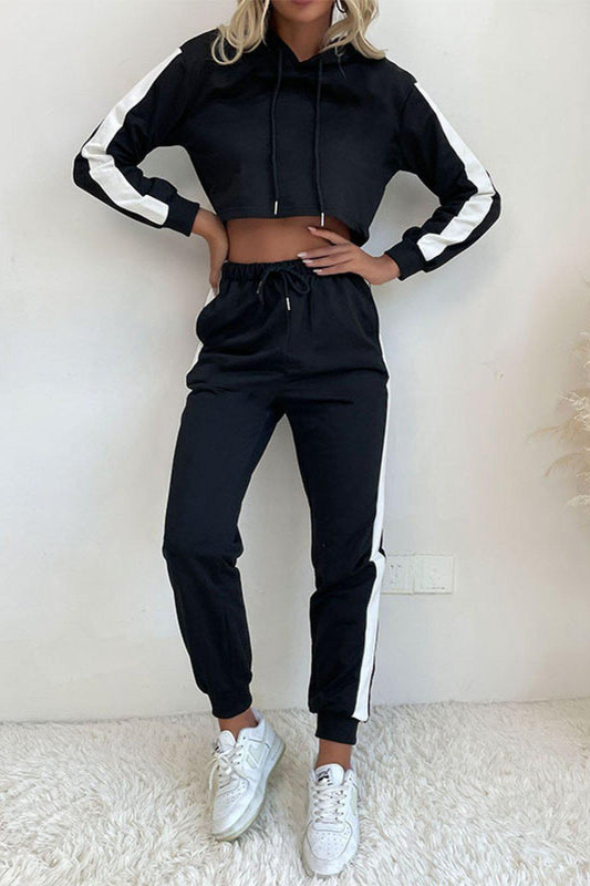 Side Stripe Cropped Hoodie and Jogger Set BLUE ZONE PLANET