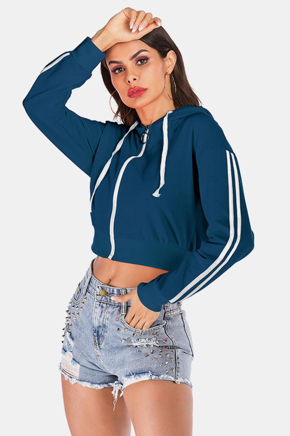 Side Stripe Drawstring Cropped Hooded Jacket BLUE ZONE PLANET