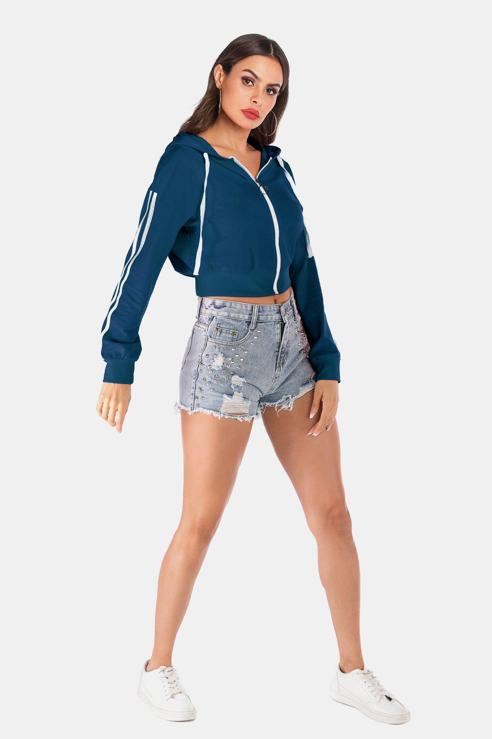 Side Stripe Drawstring Cropped Hooded Jacket BLUE ZONE PLANET