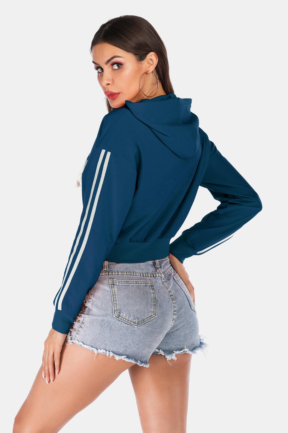 Side Stripe Drawstring Cropped Hooded Jacket BLUE ZONE PLANET
