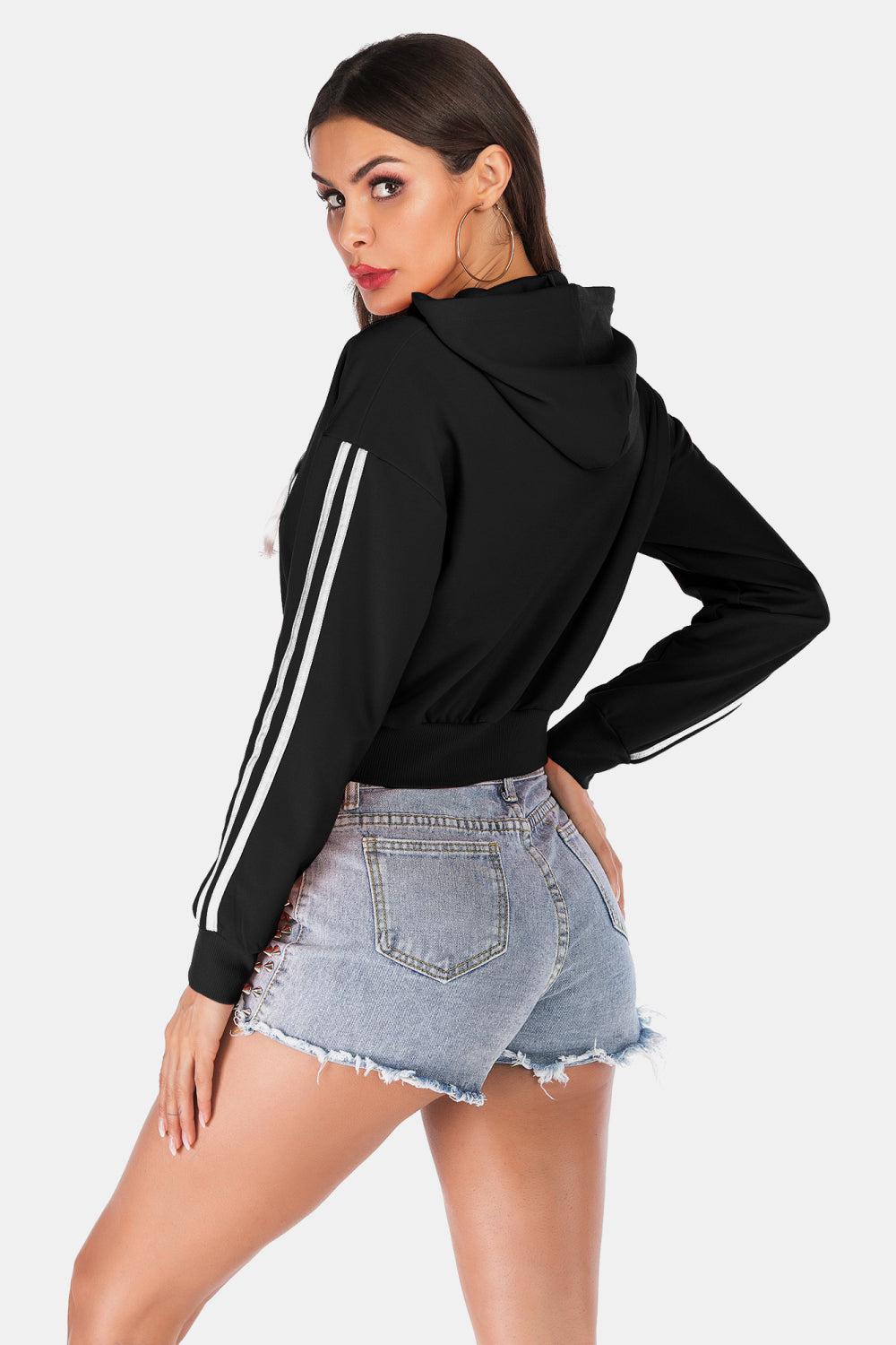 Side Stripe Drawstring Cropped Hooded Jacket BLUE ZONE PLANET