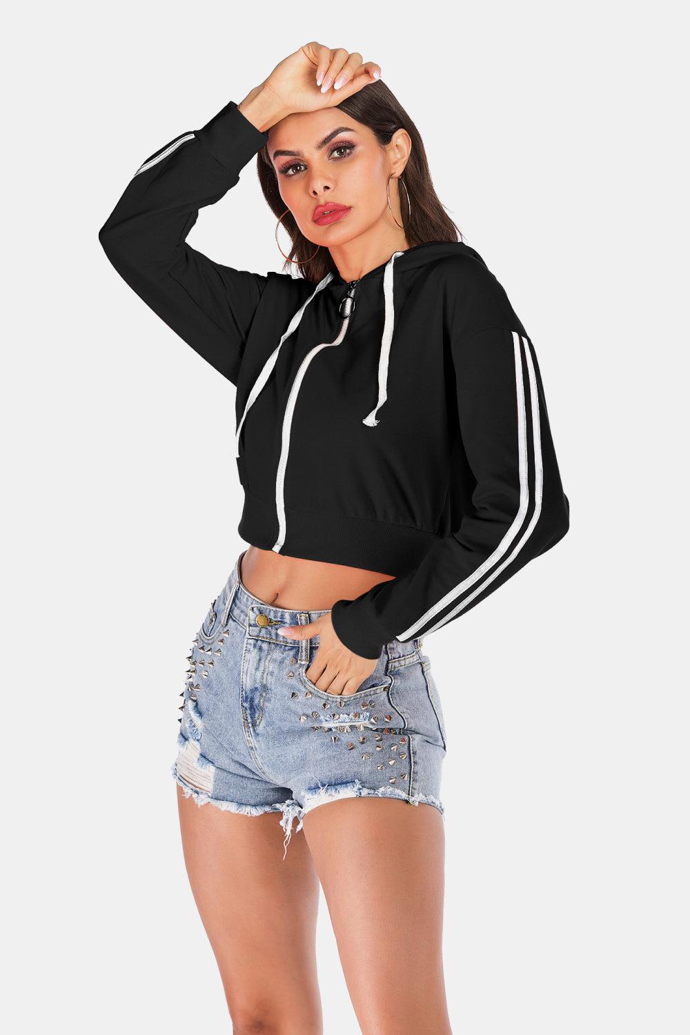 Side Stripe Drawstring Cropped Hooded Jacket BLUE ZONE PLANET