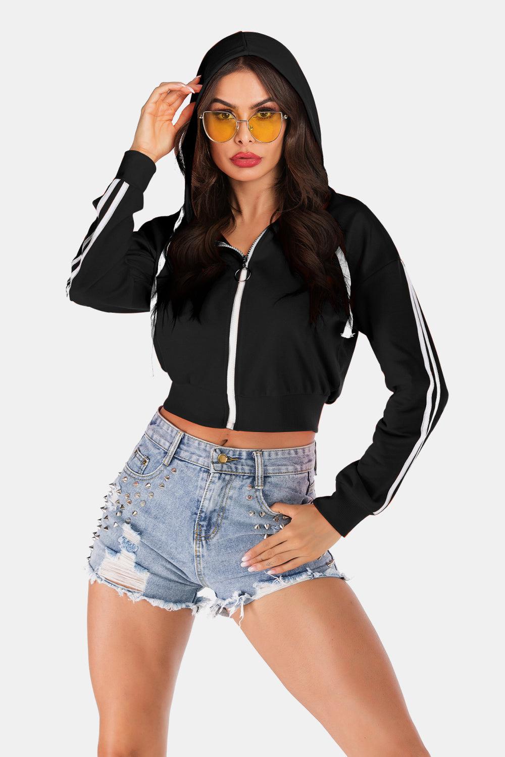 Side Stripe Drawstring Cropped Hooded Jacket BLUE ZONE PLANET