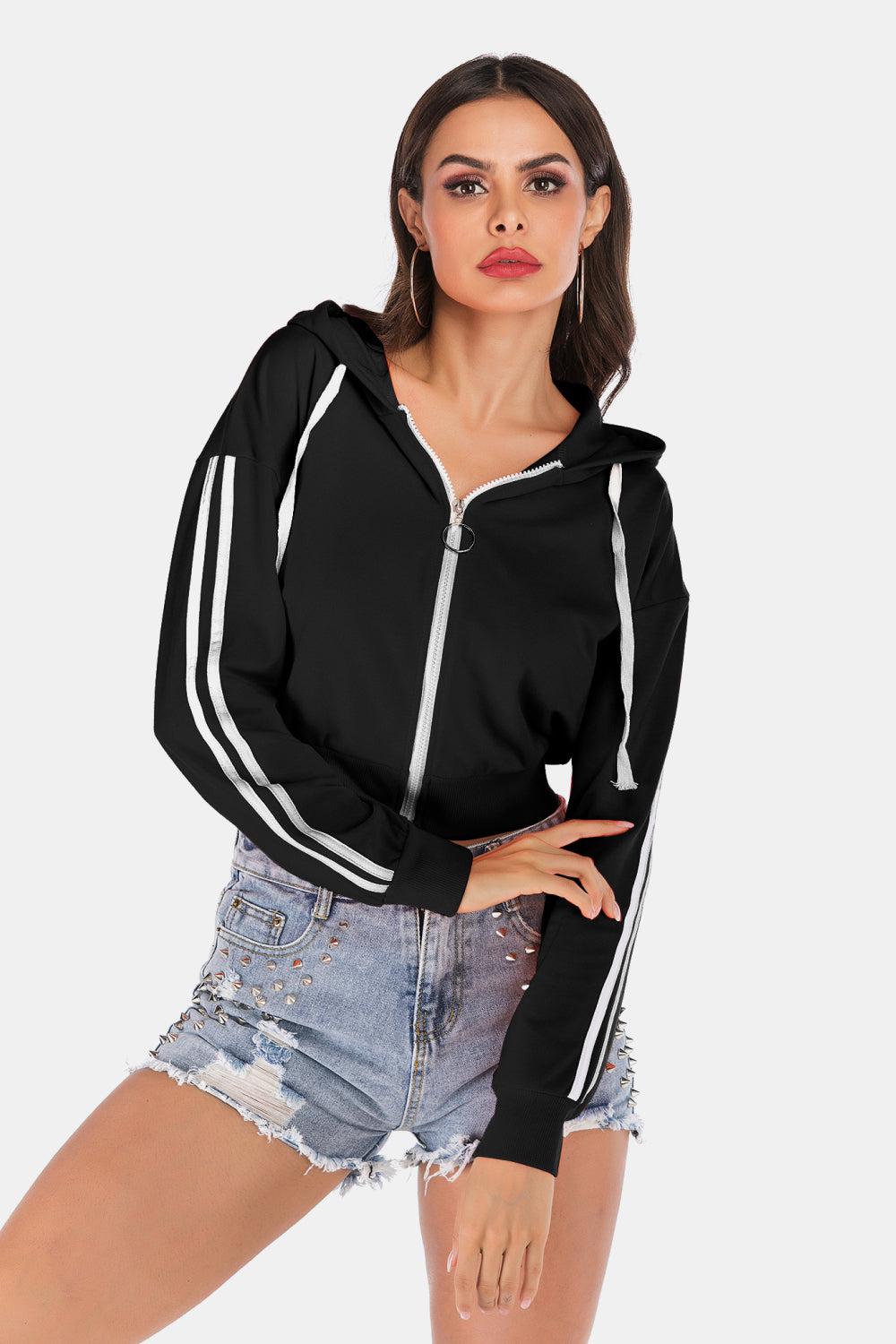 Side Stripe Drawstring Cropped Hooded Jacket BLUE ZONE PLANET