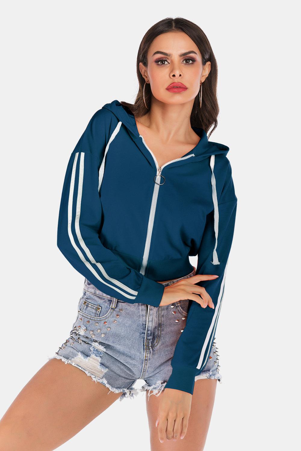 Side Stripe Drawstring Cropped Hooded Jacket BLUE ZONE PLANET