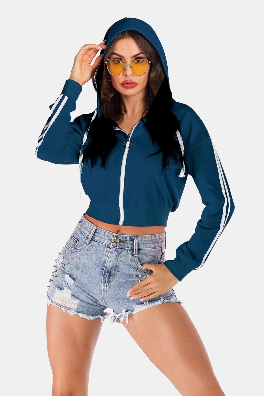 Side Stripe Drawstring Cropped Hooded Jacket BLUE ZONE PLANET
