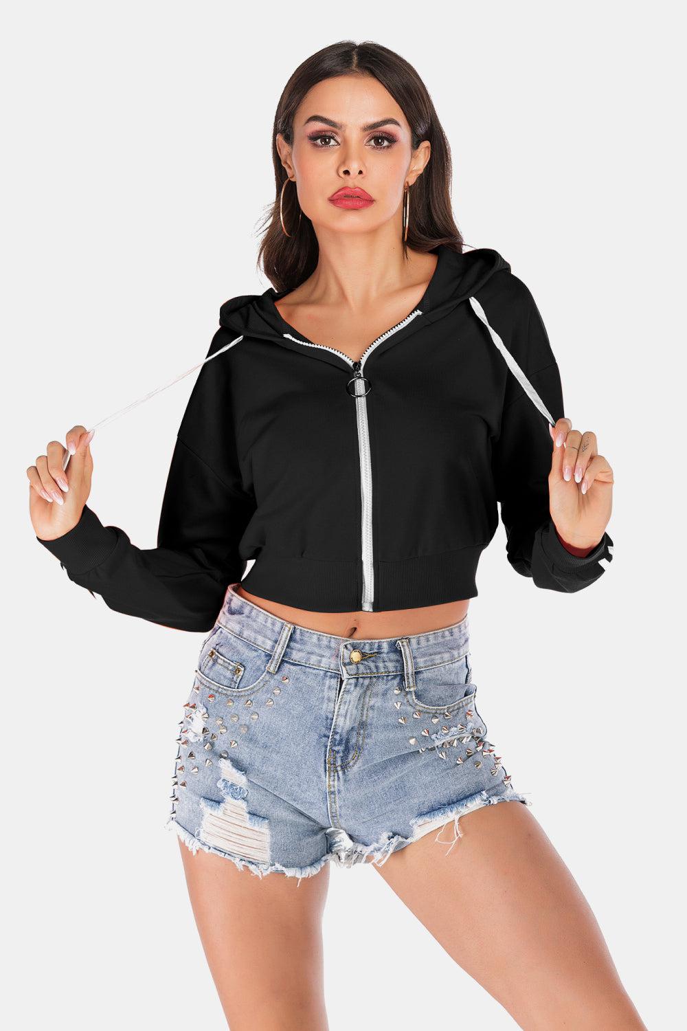 Side Stripe Drawstring Cropped Hooded Jacket BLUE ZONE PLANET