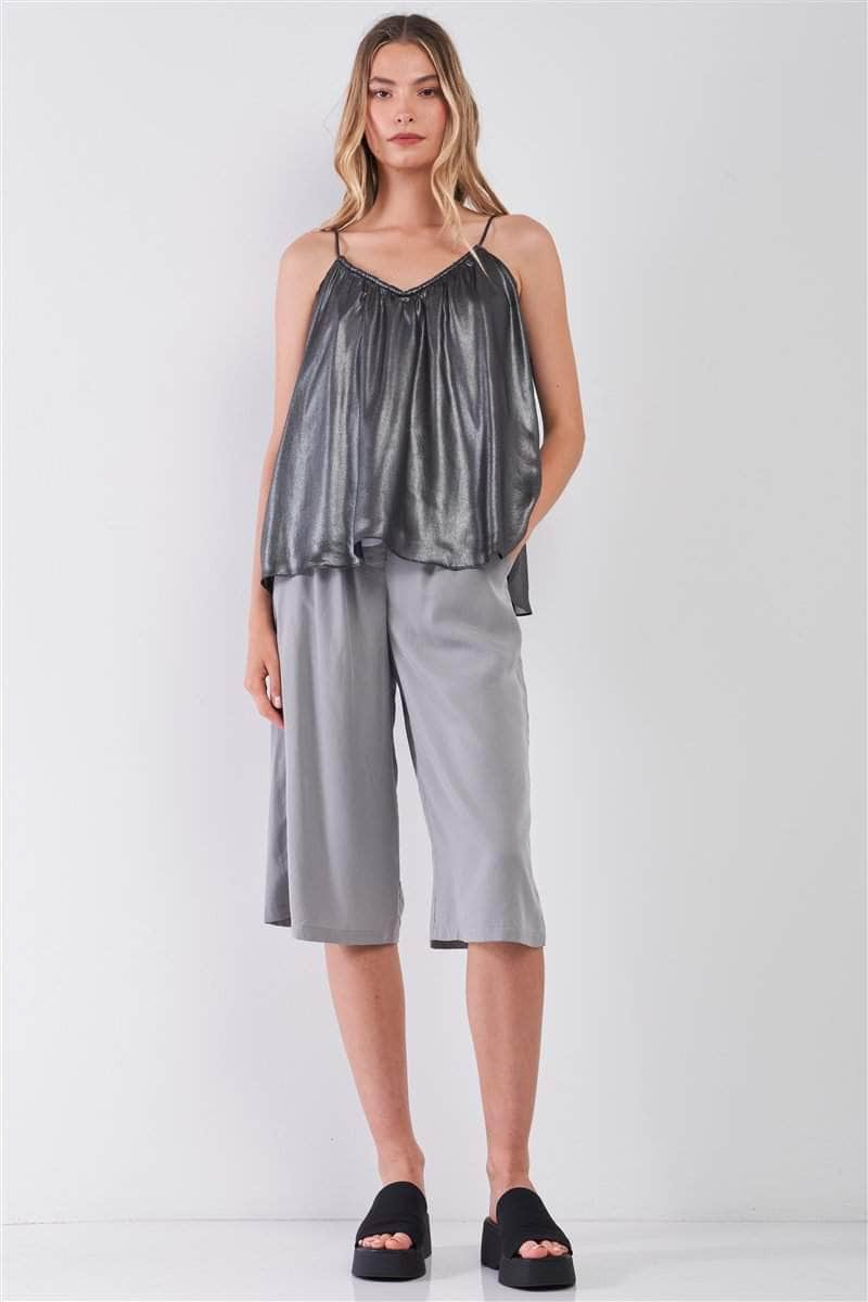 Silver Black Soft V-neck Sleeveless Gathered Loose Fit Top Blue Zone Planet