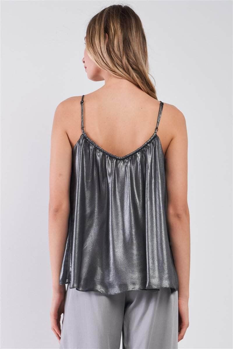 Silver Black Soft V-neck Sleeveless Gathered Loose Fit Top Blue Zone Planet