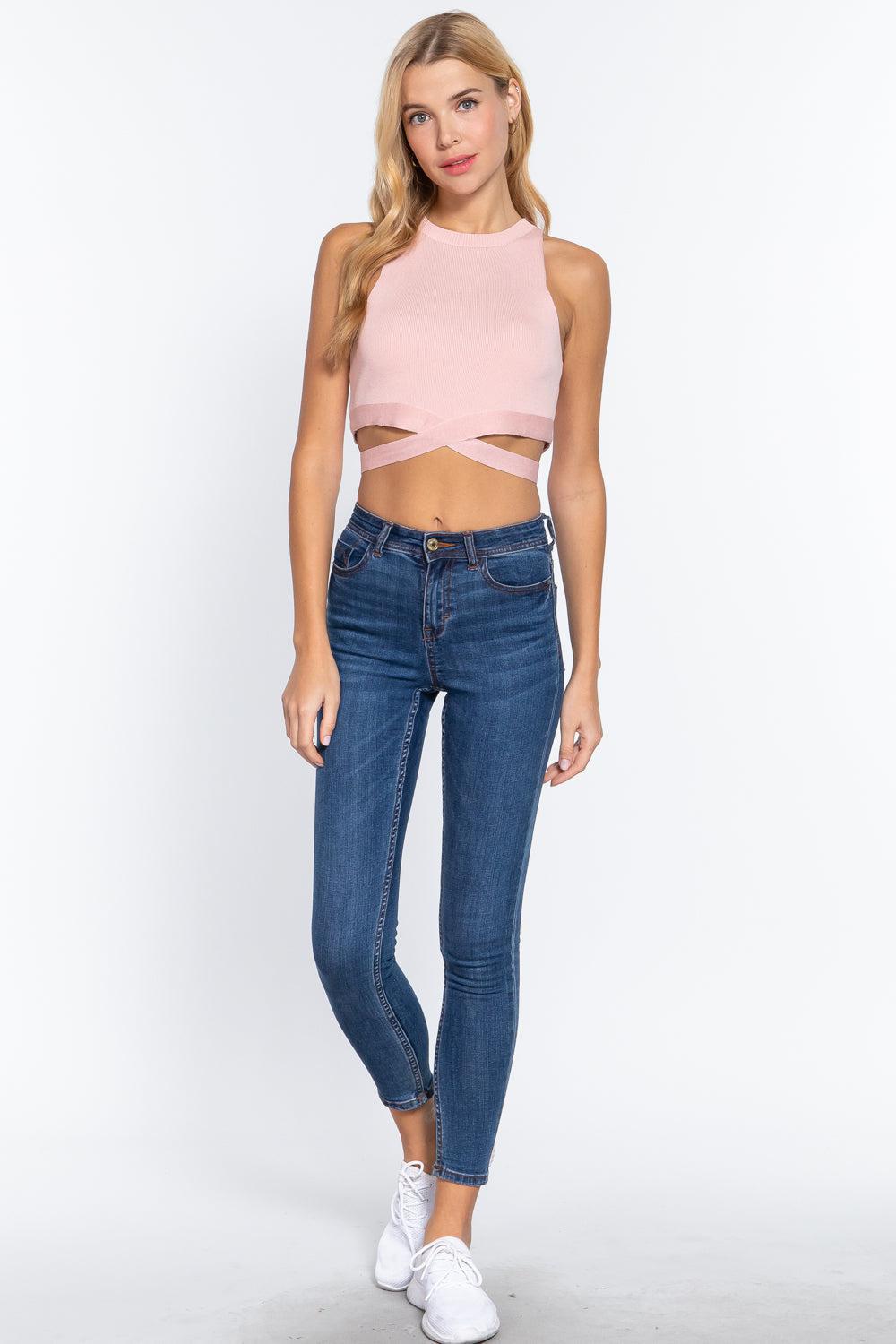 Sleeveless Crew Neck Waist Tie Crop Sweater Top Blue Zone Planet