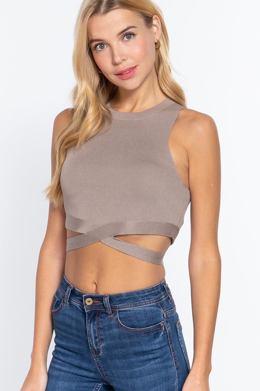 Sleeveless Crew Neck Waist Tie Crop Sweater Top Blue Zone Planet