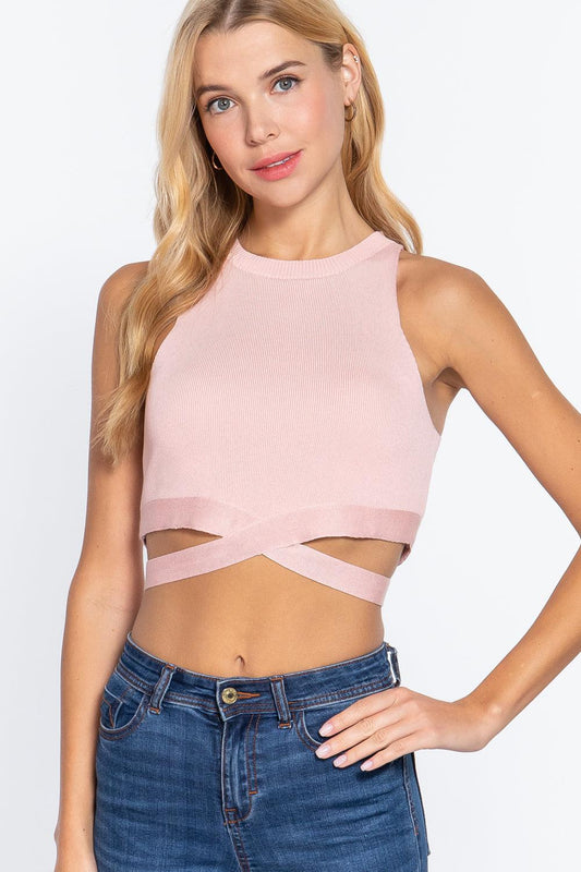 Sleeveless Crew Neck Waist Tie Crop Sweater Top Blue Zone Planet