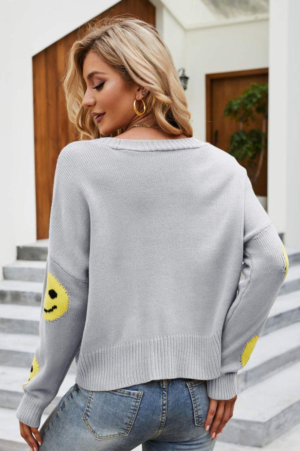Smiley Face Ribbed Trim V-Neck Cardigan BLUE ZONE PLANET