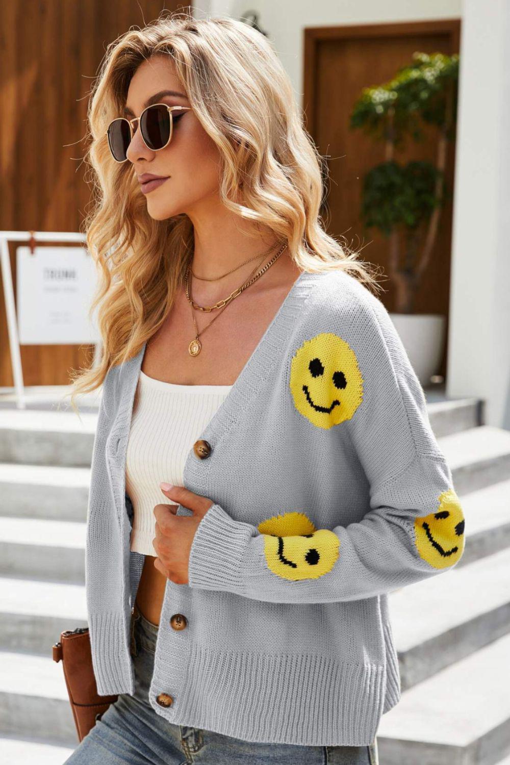 Smiley Face Ribbed Trim V-Neck Cardigan BLUE ZONE PLANET