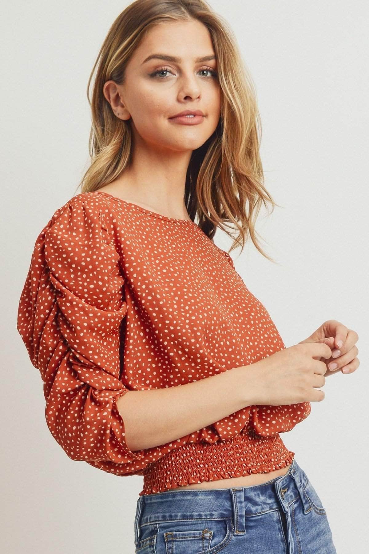 Smocked Band Top With Shirring Puff Sleeve Blue Zone Planet