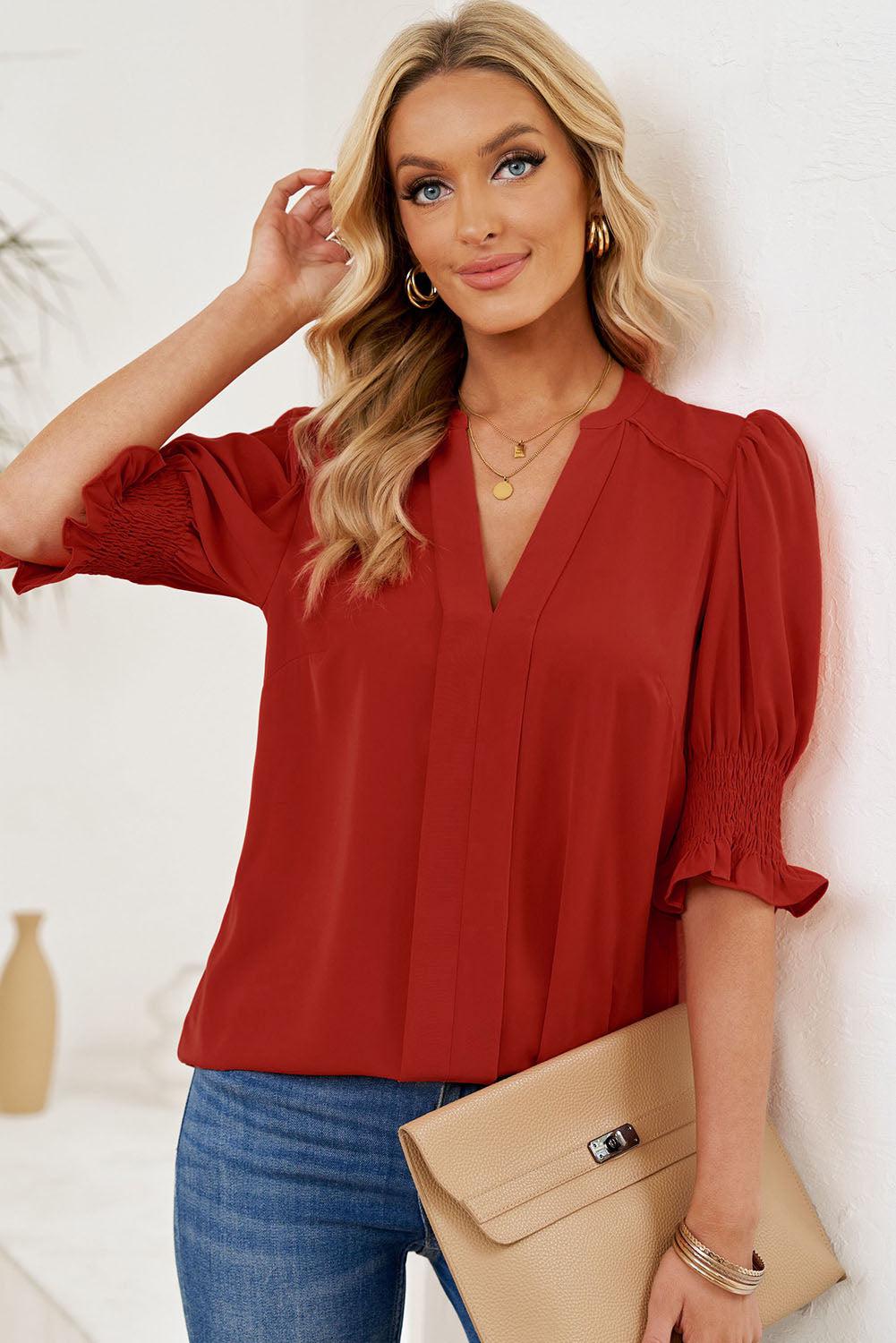 Smocked Flounce Sleeve Notched Neck Blouse BLUE ZONE PLANET