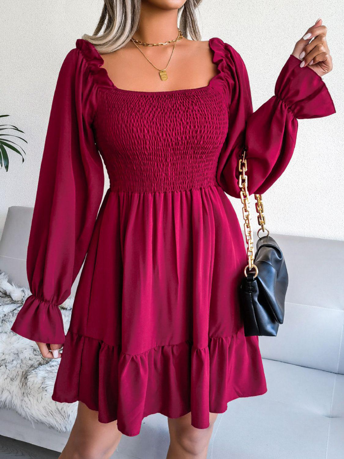 Smocked Flounce Sleeve Square Neck Dress BLUE ZONE PLANET