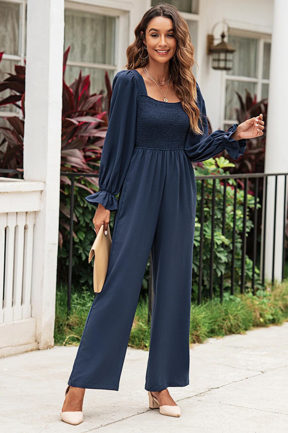 Smocked Long Flounce Sleeve Square Neck Jumpsuit BLUE ZONE PLANET