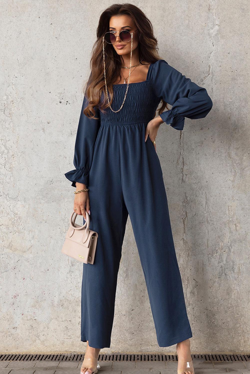Smocked Long Flounce Sleeve Square Neck Jumpsuit BLUE ZONE PLANET