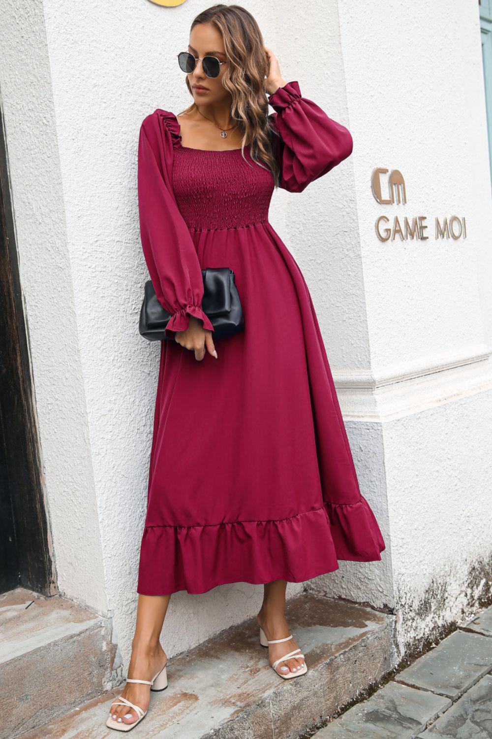 Smocked Ruffle Hem Flounce Sleeve Dress BLUE ZONE PLANET