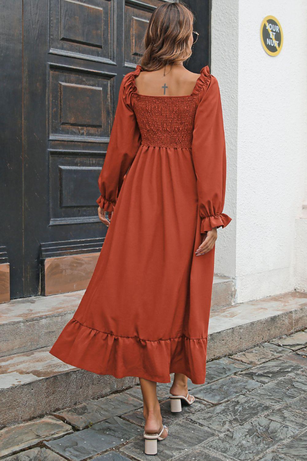 Smocked Ruffle Hem Flounce Sleeve Dress BLUE ZONE PLANET