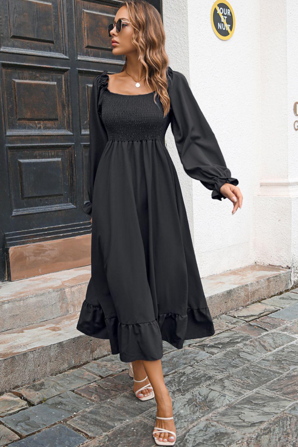 Smocked Ruffle Hem Flounce Sleeve Dress BLUE ZONE PLANET