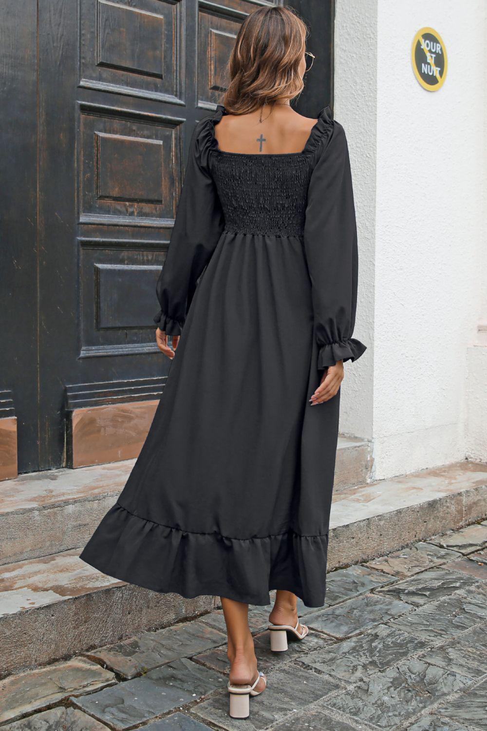 Smocked Ruffle Hem Flounce Sleeve Dress BLUE ZONE PLANET