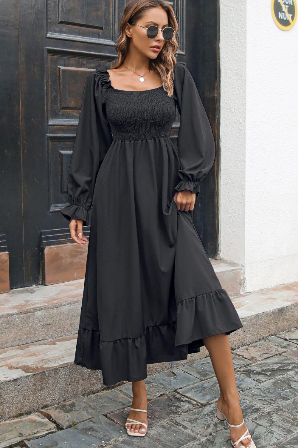 Smocked Ruffle Hem Flounce Sleeve Dress BLUE ZONE PLANET