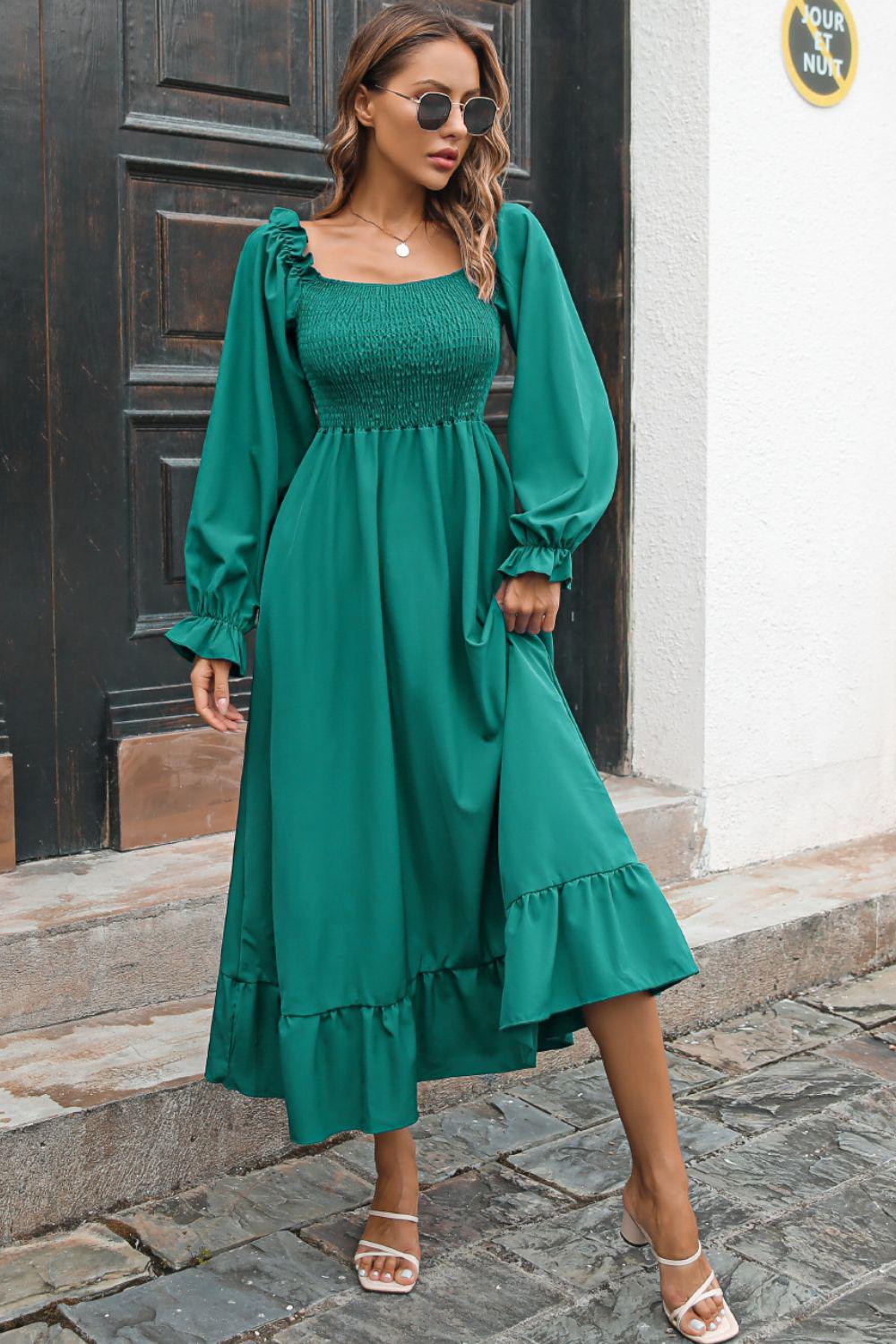 Smocked Ruffle Hem Flounce Sleeve Dress BLUE ZONE PLANET