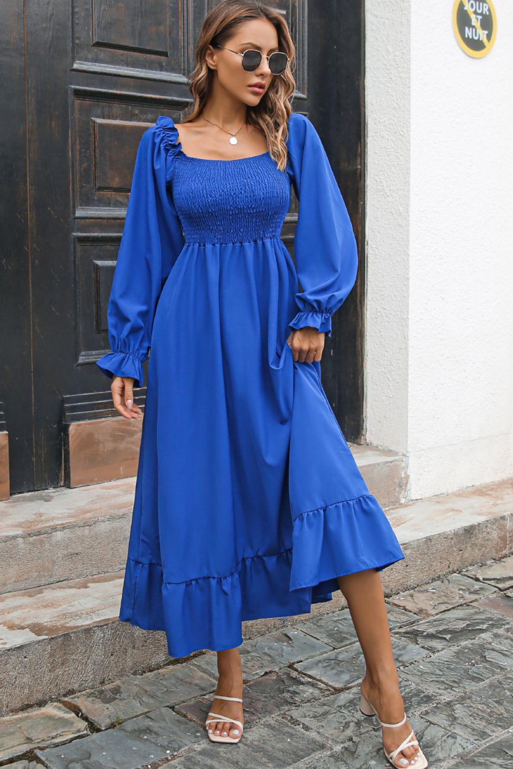 Smocked Ruffle Hem Flounce Sleeve Dress BLUE ZONE PLANET