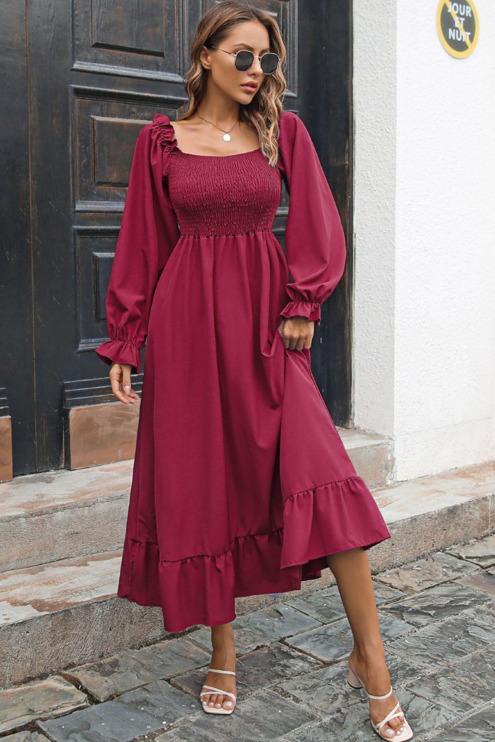 Smocked Ruffle Hem Flounce Sleeve Dress BLUE ZONE PLANET
