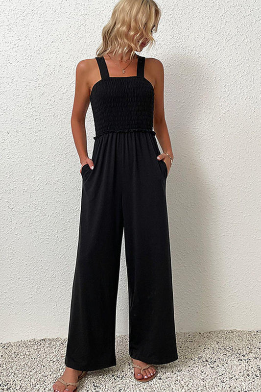 Smocked Sleeveless Wide Leg Jumpsuit with Pockets BLUE ZONE PLANET
