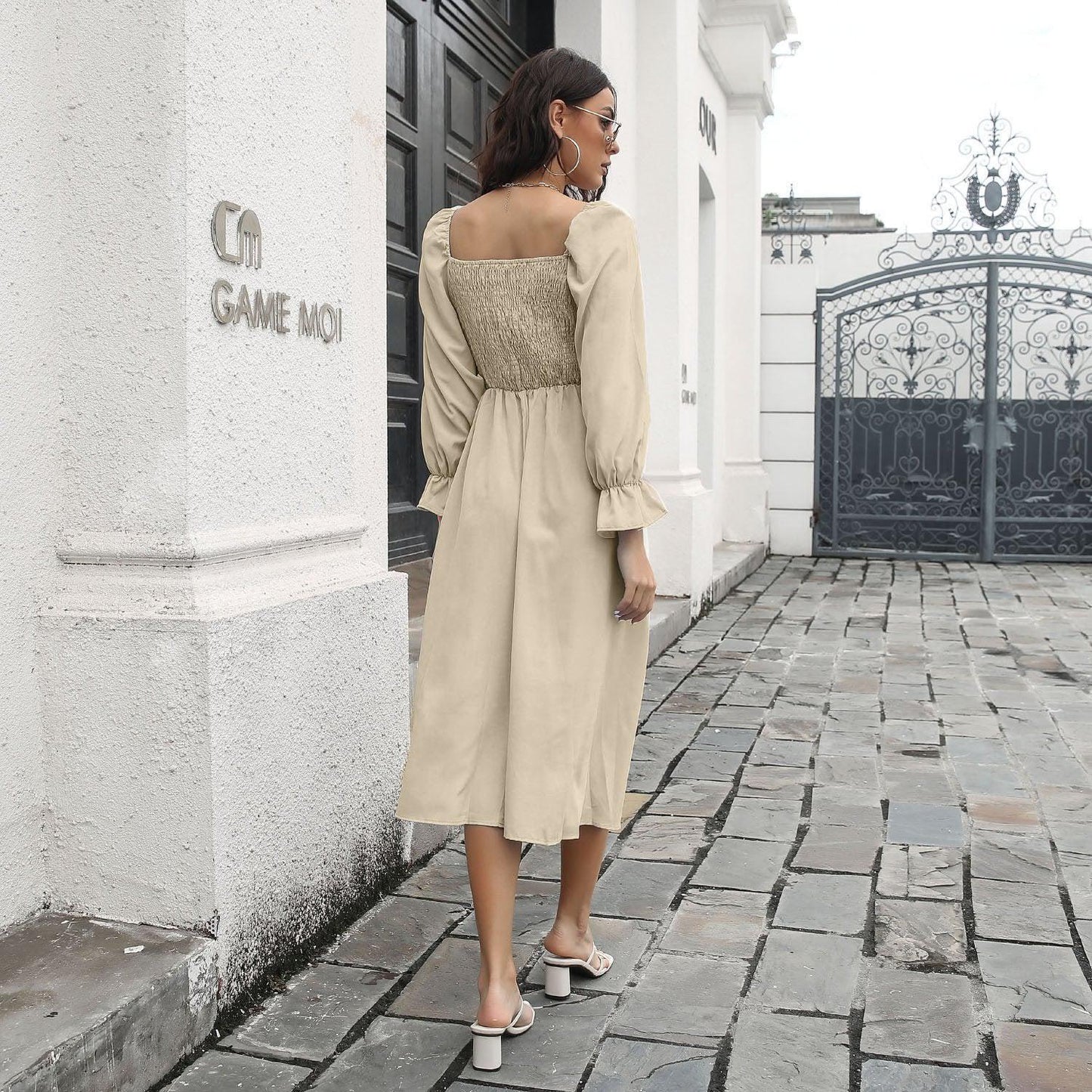 Smocked Square Neck Midi Dress BLUE ZONE PLANET