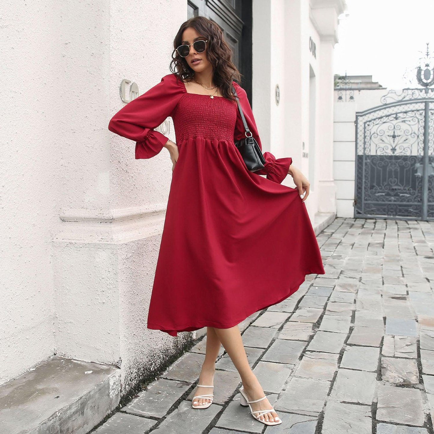 Smocked Square Neck Midi Dress BLUE ZONE PLANET