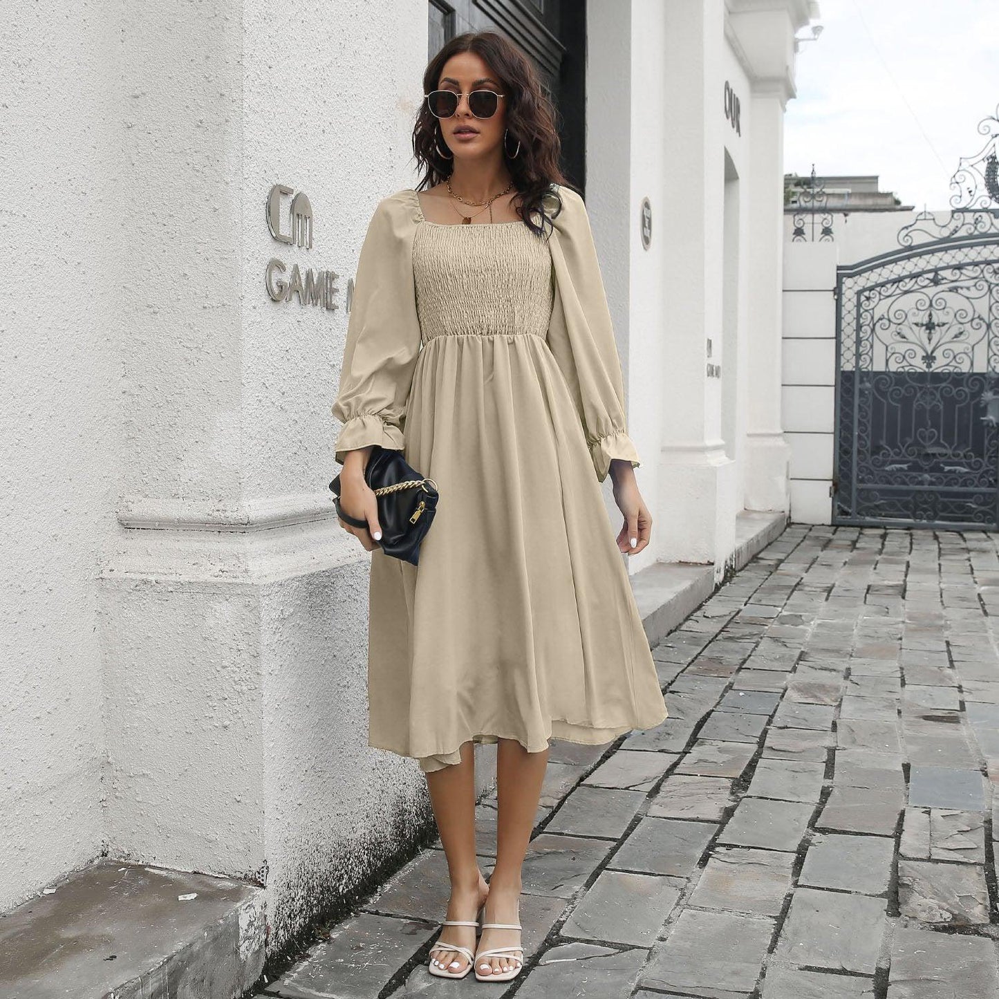 Smocked Square Neck Midi Dress BLUE ZONE PLANET
