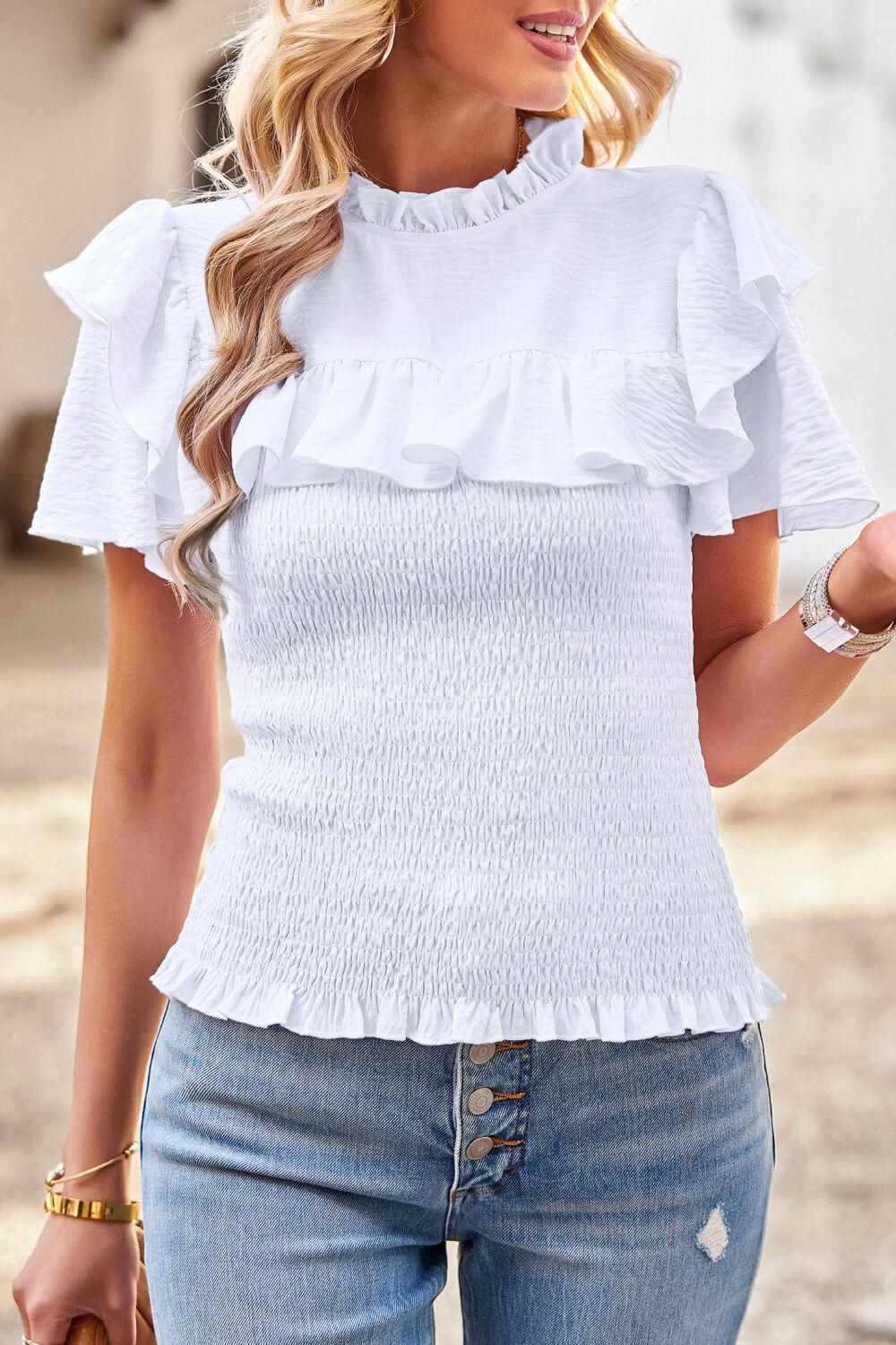 Smocked Tie Back Flutter Sleeve Blouse BLUE ZONE PLANET