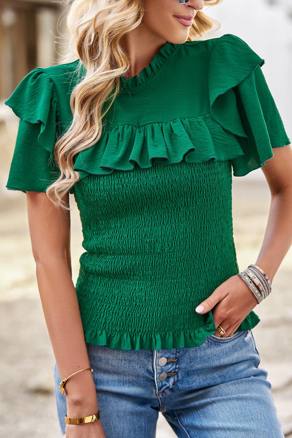 Smocked Tie Back Flutter Sleeve Blouse BLUE ZONE PLANET