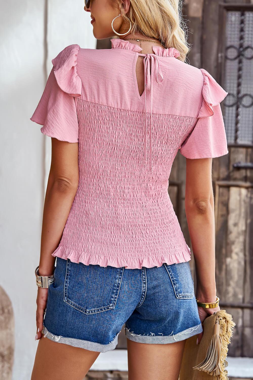 Smocked Tie Back Flutter Sleeve Blouse BLUE ZONE PLANET