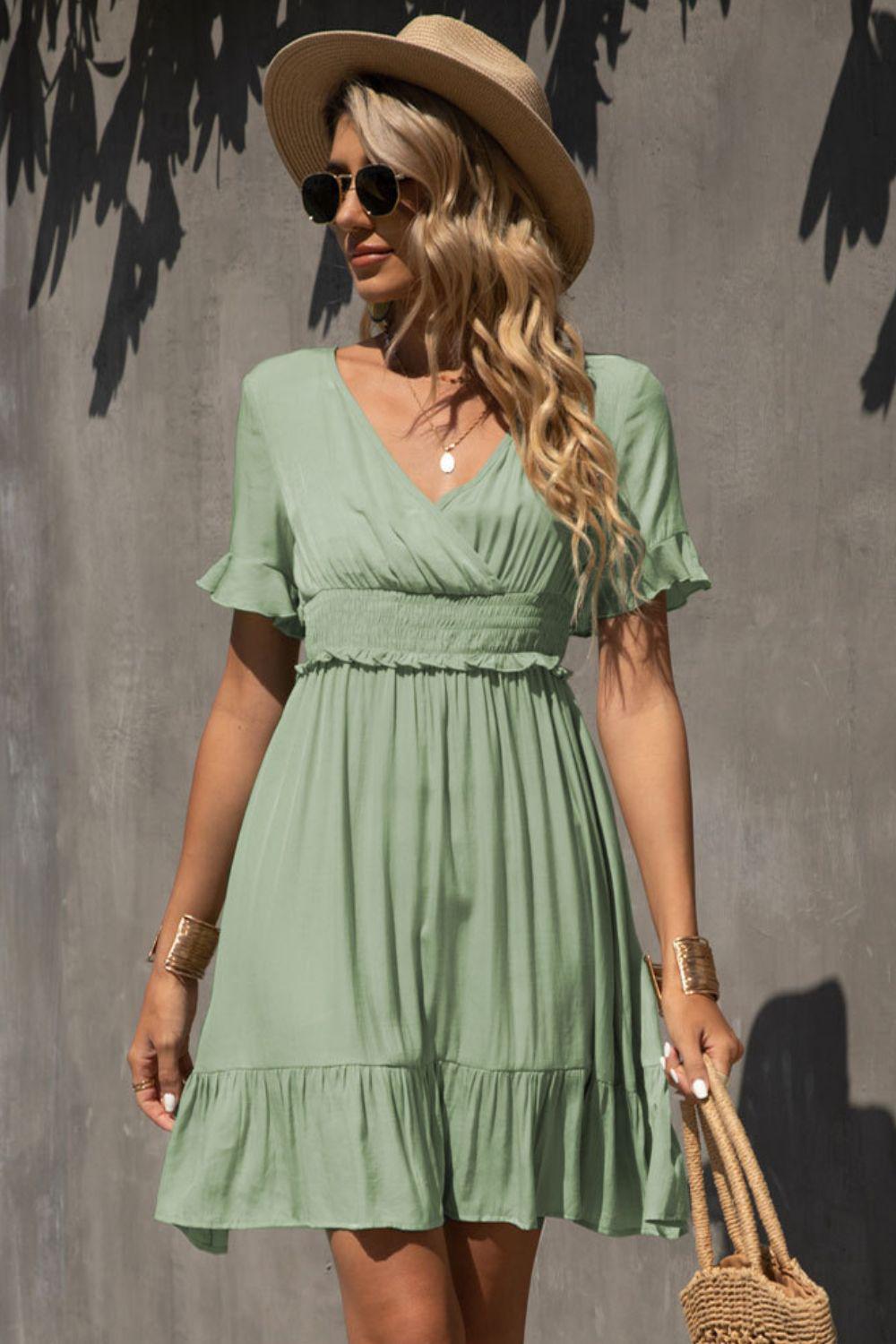 Smocked Waist Flounce Sleeve Ruffle Hem Dress BLUE ZONE PLANET