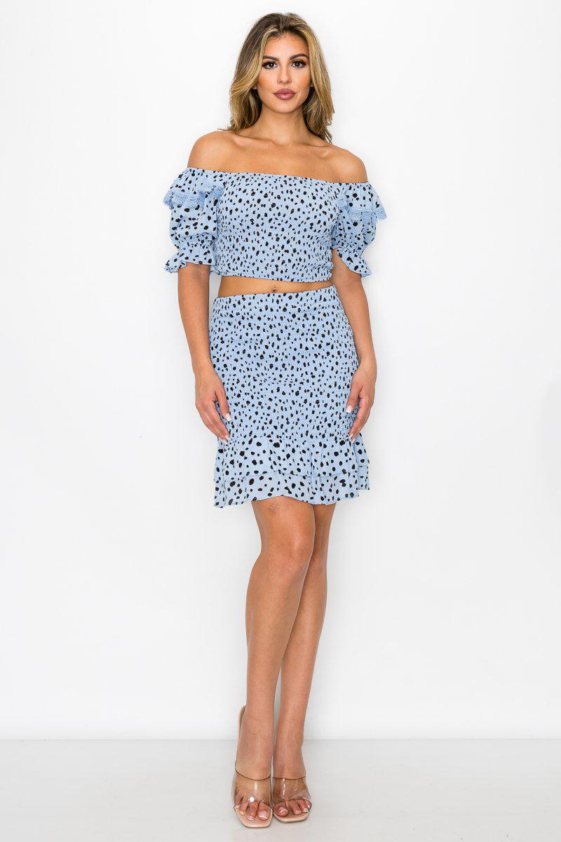 Smocking Ruffled Printed Top & Skirts Set Blue Zone Planet